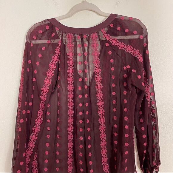 ASO TVD ZOA Maroon 100% Silk Sheer Long Sleeve Blouse Top - Picture 8 of 10
